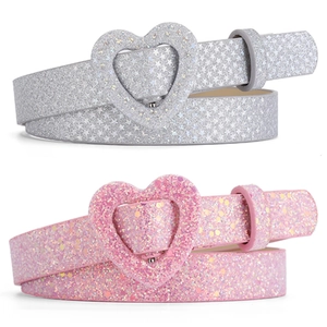 Kids Girls Decorative Belt Heart Shaped Alloy Buckle PU Leather Glitter Star Pattern Casual Fashion Waistband For School Party Dress