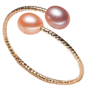 Adjustable golden twisted ring with elegant pink-orange and purple freshwater pearls