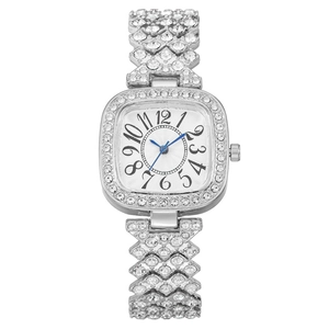 Montre à Quartz de Luxe Carrée en Strass pour Femmes Mode Bracelet en Métal avec Aiguilles Bleues Chiffres Arabes Bijou Élégant