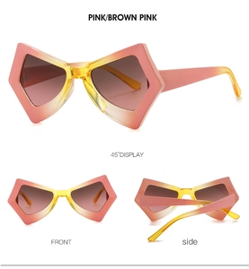 Multi-angle views of butterfly sunglasses with pink to yellow gradient frames