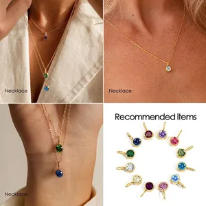 Golden stainless steel birthstone pendants with colorful round zircon charms in bulk
