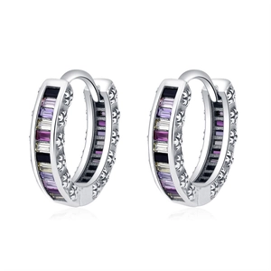 925 silver rainbow hoop earrings with colorful rectangle zircons and clover texture
