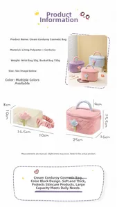 Detail of corduroy makeup bag with tulip decor and diamond quilted stitching pattern