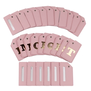 Pink PU leather luggage tags set featuring gold initial letters and name info cards