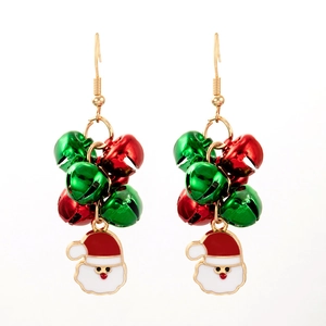 Detail view of festive Christmas bell earrings with red and green charms and Santa pendant