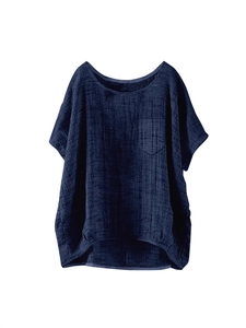 Deep blue loose cotton linen short sleeve top with round neck and single chest pocket