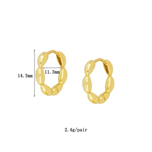 Detailed view of gold oval beaded hoop earrings with 14.3mm height and 11.3mm width specs