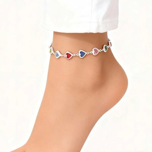 Colorful heart charm anklet for women featuring vibrant enamel pendants and silver chain