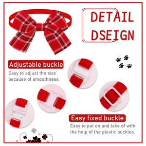 Detail view of red plaid pet bowtie with adjustable buckle and white plastic clasp