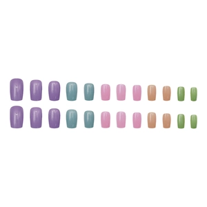 Glossy square press-on nails in purple blue pink and green gradient colors on white background