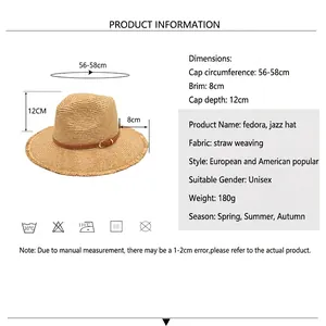 Unisex summer straw fedora with frayed edges and brown leather band, size 56-58cm