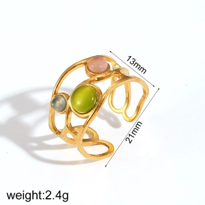 French vintage 18k stainless steel open ring with colorful natural stone inlays