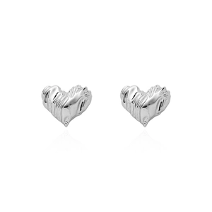 Elegant silver heart stud earrings with textured pleated design and polished finish
