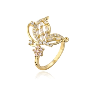Detail shot of 18K gold plated butterfly ring featuring pink and white zircon stones