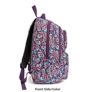 Side view of large purple oxford cloth backpack with colorful feather patterns and zippers