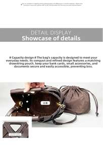 Detail view of woven leather bucket bag with triangular magnetic closure and drawstring liner
