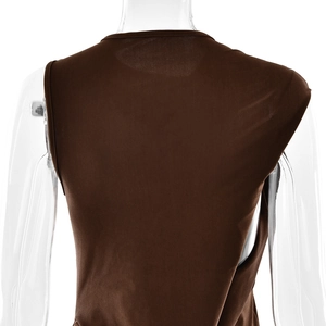 Detailed back view of a dark brown sleeveless top with an asymmetric shoulder design