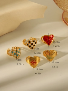 Detail showing heart rings with LOVE engraving and enamel patterns with size dimensions