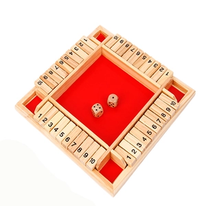 Classic 4-player wooden Shut the Box dice game with red felt surface and 1-10 number tiles