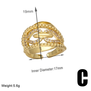 Detailed dimensions of gold horn-style layered ring with zircon, 19mm height, 17mm inner diameter
