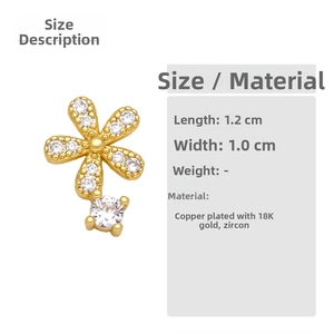 Detailed size specifications for 18K gold plated copper flower stud earrings with zircons