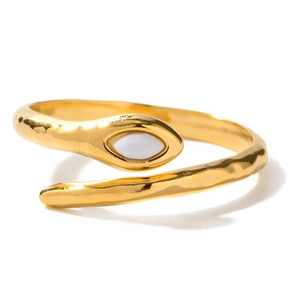 Snake shaped 18K gold plated stainless steel ring with white marquise stone inlay