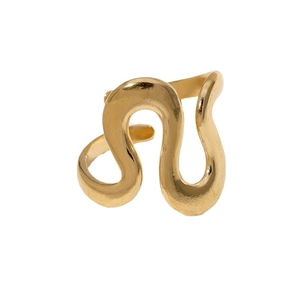Golden irregular wavy open ring in titanium steel with a minimalist geometric design