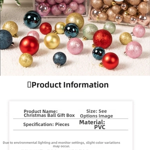 Detail of Christmas tree ornaments kit in red, gold and blue with glitter finish