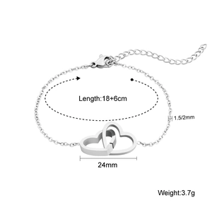 Stainless steel double heart pendant bracelet with adjustable lobster clasp for women