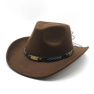 Classic dark brown western cowboy hat with decorative leather band and metal pieces