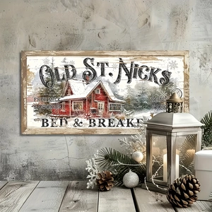 Rustic Christmas wall decor featuring a snowy red cabin scene in a vintage wooden frame