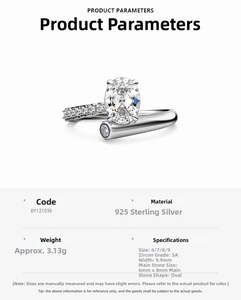 Detailed parameter chart for S925 sterling silver ring with oval 6x8mm cubic zirconia stone