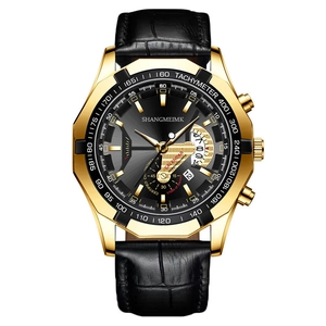 SHANGMEIMK men's quartz watch with gold case, black leather strap and calendar dial