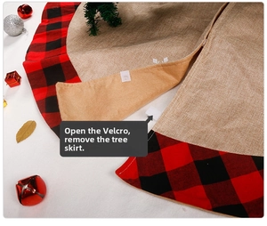 Detail of burlap and buffalo plaid Christmas tree skirt with functional velcro closure