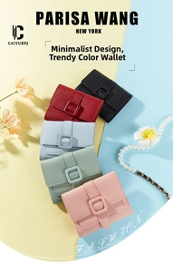 Dettaglio di cinque portafogli da donna in similpelle colorata con fibbie in metallo eleganti
