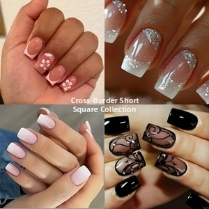 Short square press-on nails set featuring gradient pink, glitter white, and butterfly designs