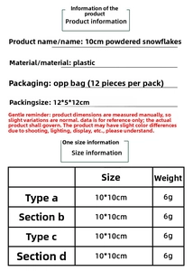 Detail showing dimensions and specifications for 10cm plastic snowflake ornaments