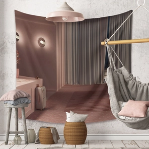 Detailed view of bohemian wall tapestry with 3D pink room interior print on a white wall