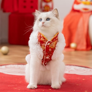 Festive Chinese New Year cat vest in red brocade with gold patterns and white faux fur trim