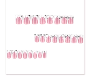 Detail view of 24pcs duckbill fake nails with pink stripes, white dots and bow designs