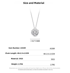 Detailed view of S925 sterling silver rose pendant with zircon and adjustable cable chain