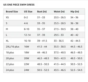 Size chart for women's one-piece swim dress showing US sizes from XS to 24 Plus