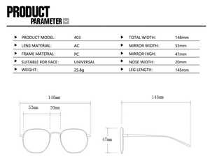 Detailed size specifications and material chart for square retro sunglasses