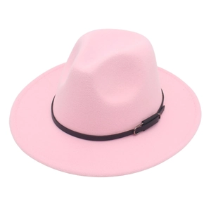 Detail of pink wool fedora hat featuring a thin black leather belt and silver metal buckle