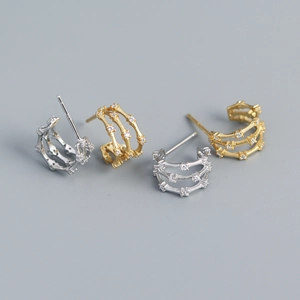 Multi-Layer Bamboo Joint C-Shape Hoop Earrings With 925 Sterling Silver Earring Post Alloy Rhinestone Retro For Women