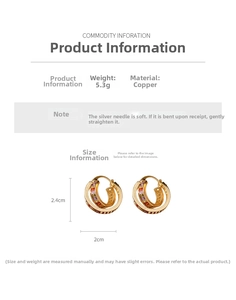 Detail view of gold hoop earrings with colorful square crystals and size dimensions