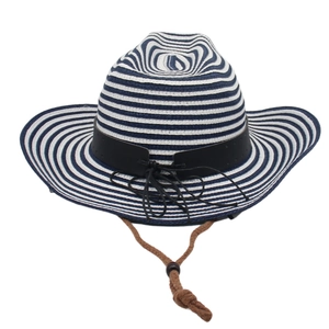 Detail of blue and white striped straw sun hat with leather band and windproof chin strap