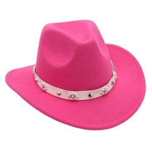 Detailed view of hot pink felt cowboy hat with pearl and silver stud embellished band