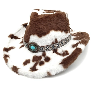 Chapeau de cowboy en peluche à motif vache avec boucle turquoise et ruban brodé