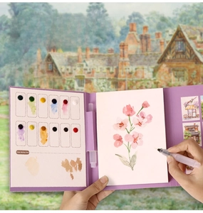 Portable watercolor kit with three-fold design, solid pigments, and 16 painting sheets